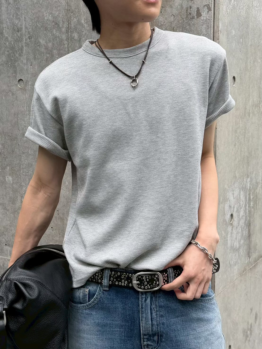 受注制【Chikashitsu +】waffle cropped half sleeve tee (4color)