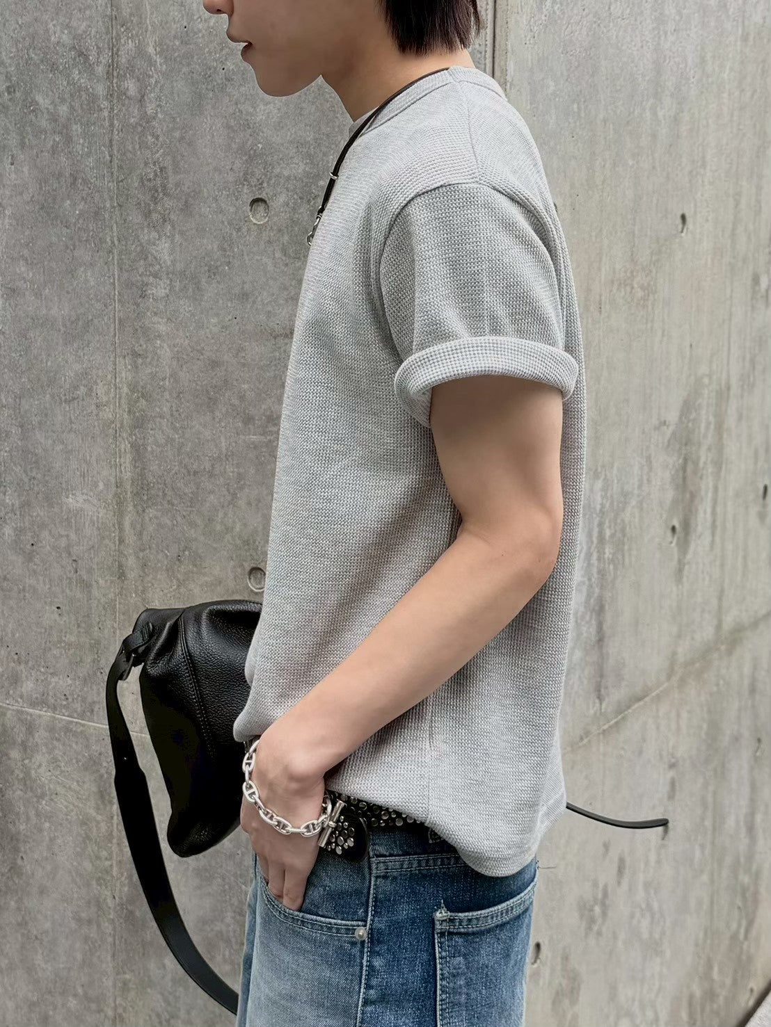 受注制【Chikashitsu +】waffle cropped half sleeve tee (4color)