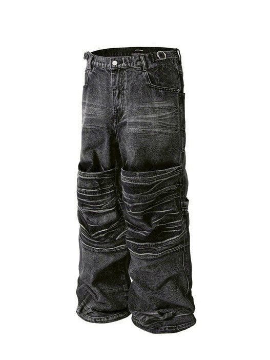 【roaringrad】Washed Flip Knee Denim Pants