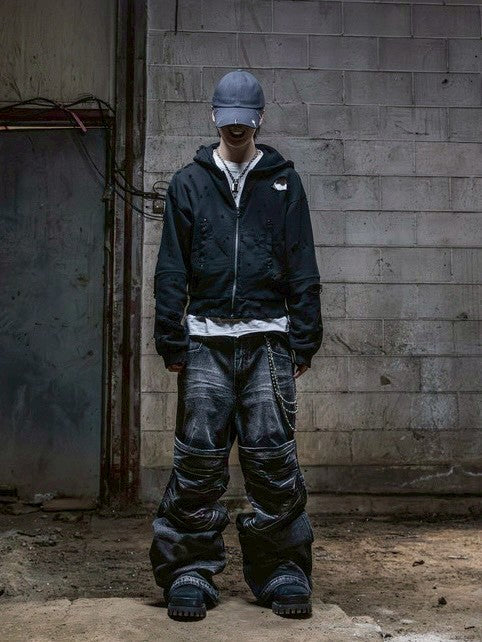 【roaringrad】Washed Flip Knee Denim Pants