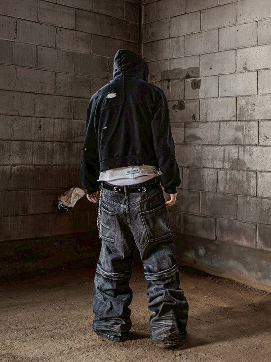 【roaringrad】Washed Flip Knee Denim Pants