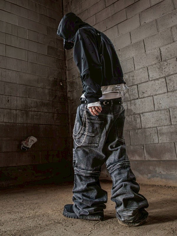【roaringrad】Washed Flip Knee Denim Pants