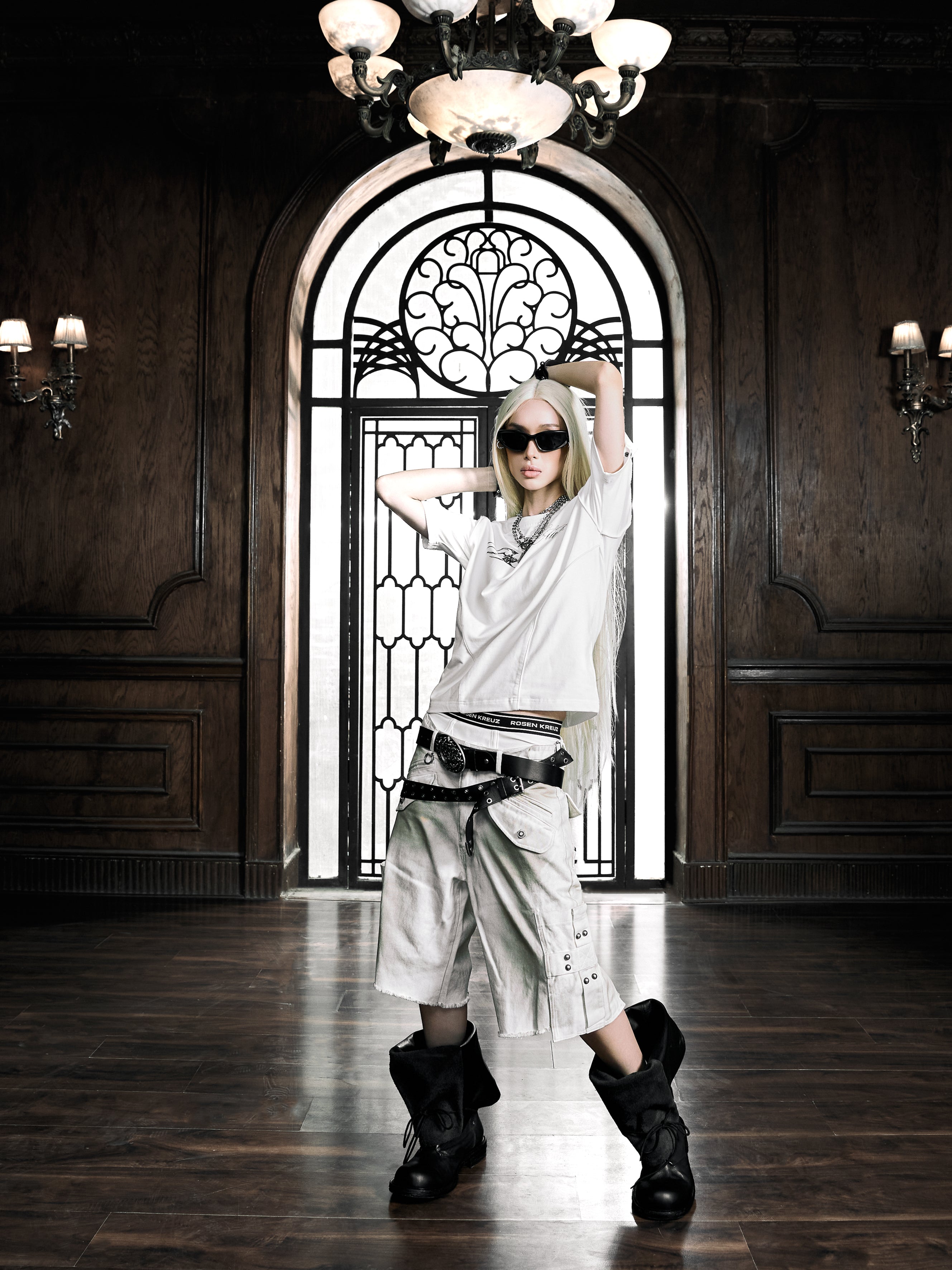 6/5 19:00先行発売【Rosen Kreuz】DISTRESSED EYELET PANEL T-SHIRT