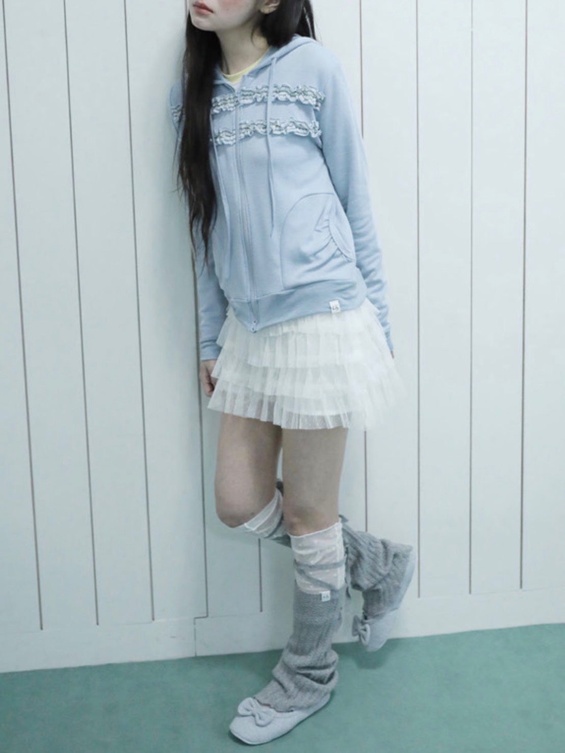 【Uglyshadow】LAYERED SHIRRING HOODED ZIP-UP