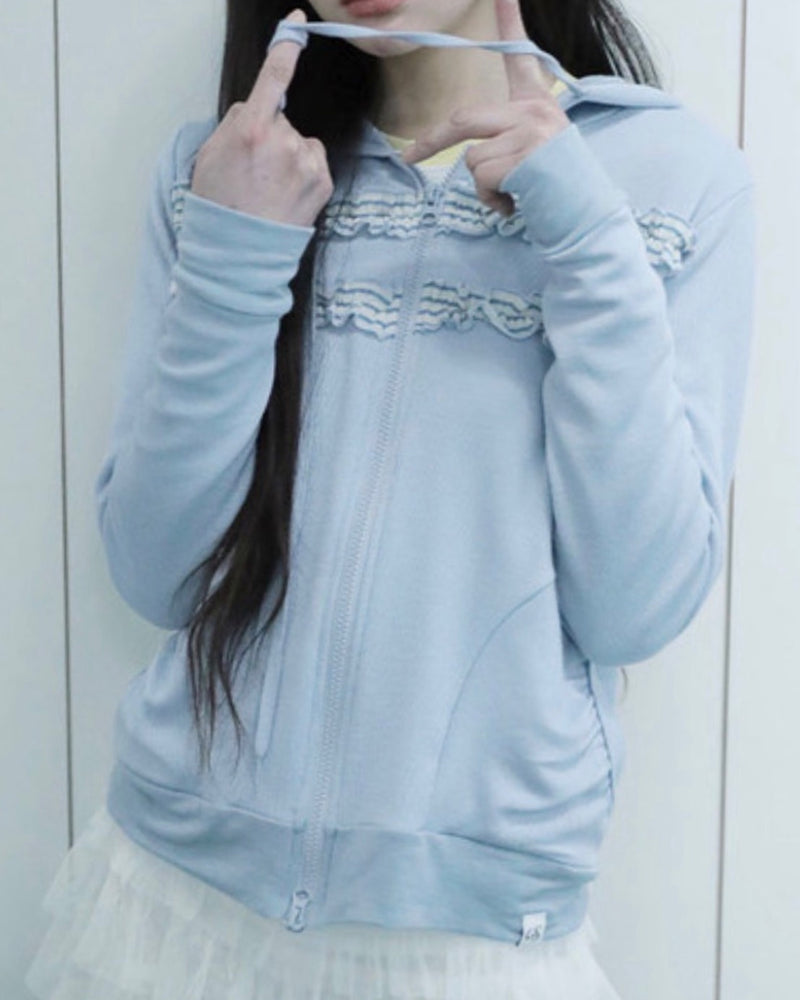 【Uglyshadow】LAYERED SHIRRING HOODED ZIP-UP