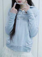 【Uglyshadow】LAYERED SHIRRING HOODED ZIP-UP