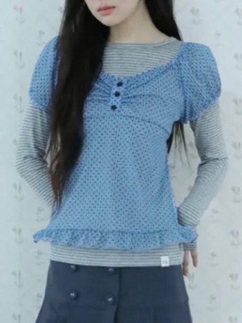 3/22 20:00発売【Uglyshadow】DOT SHIRRING BLOUSE