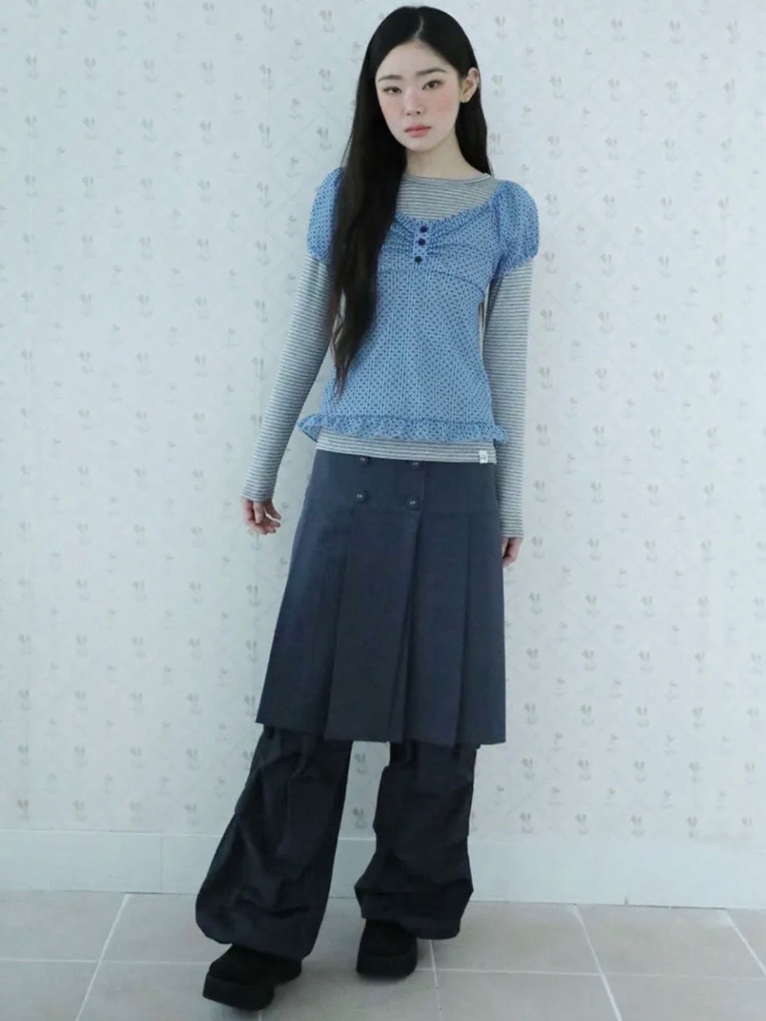 【Uglyshadow】DOT SHIRRING BLOUSE