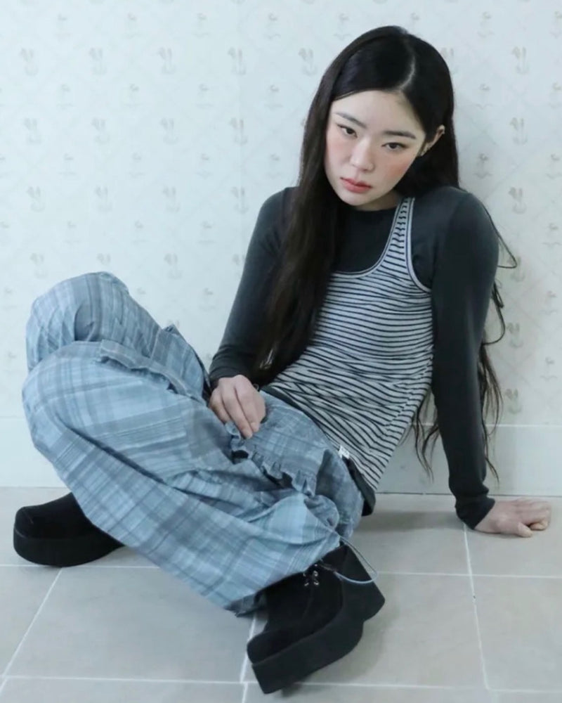 【Uglyshadow】STRIPED HALTER NECK LAYERED T-SHIRT