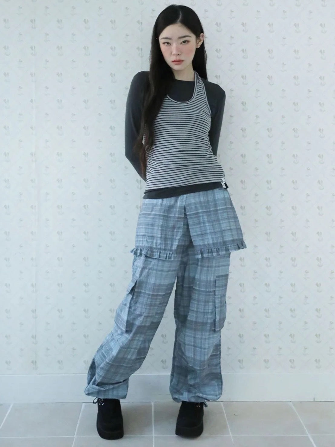 【Uglyshadow】STRIPED HALTER NECK LAYERED T-SHIRT