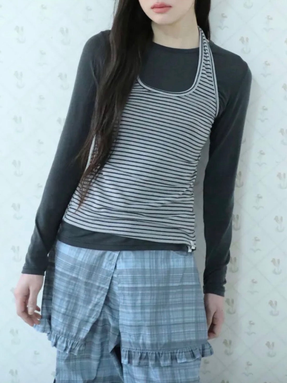 【Uglyshadow】STRIPED HALTER NECK LAYERED T-SHIRT