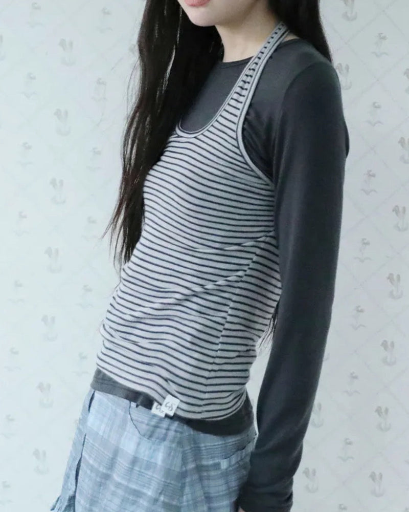 【Uglyshadow】STRIPED HALTER NECK LAYERED T-SHIRT