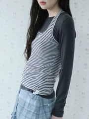 【Uglyshadow】STRIPED HALTER NECK LAYERED T-SHIRT