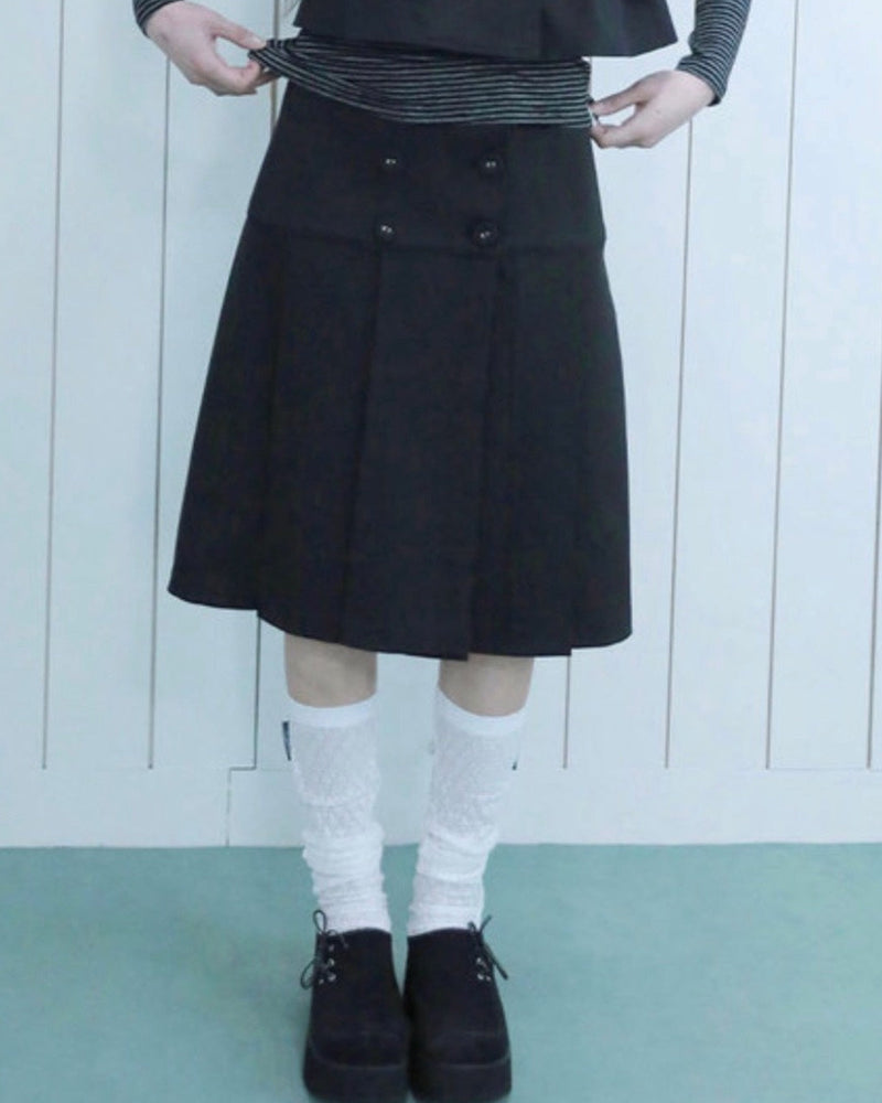 【Uglyshadow】BUTTON DOUBLE PLEATED MIDI SKIRT