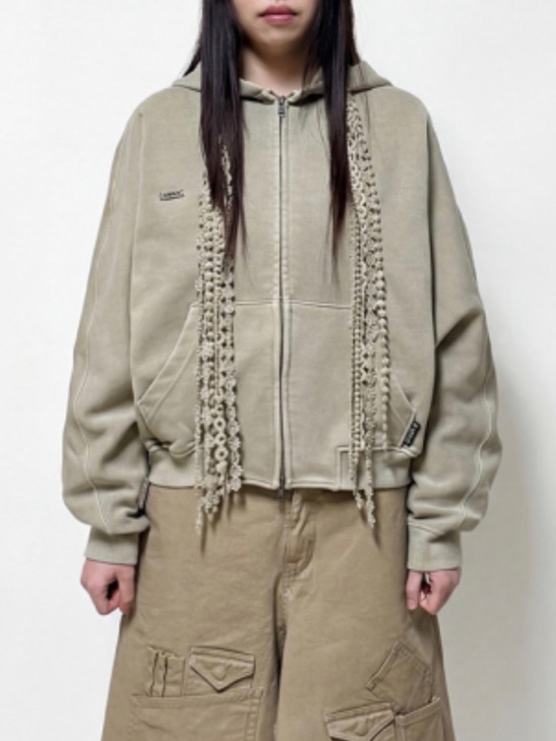 【AJOBYAJO】Laced Multi-Drawstring Zip-Up Hoodie