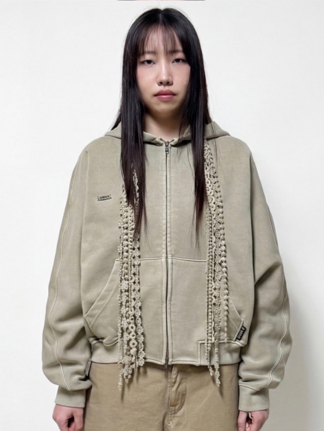 【AJOBYAJO】Laced Multi-Drawstring Zip-Up Hoodie