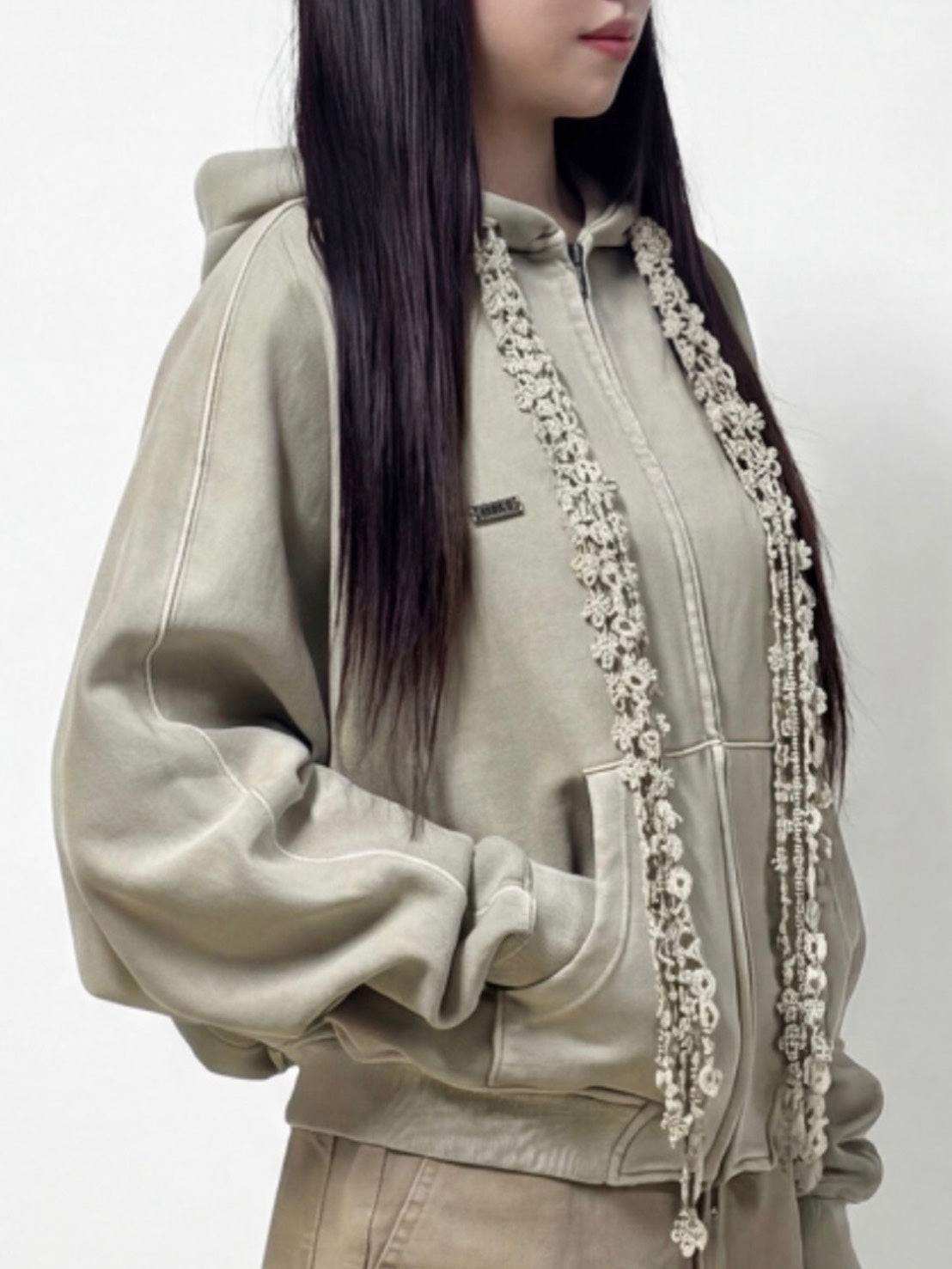 【AJOBYAJO】Laced Multi-Drawstring Zip-Up Hoodie