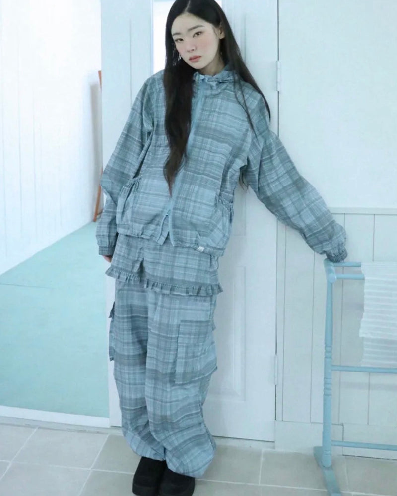 【Uglyshadow】RUFFLE CHECKERED WINDBREAKER JACKET