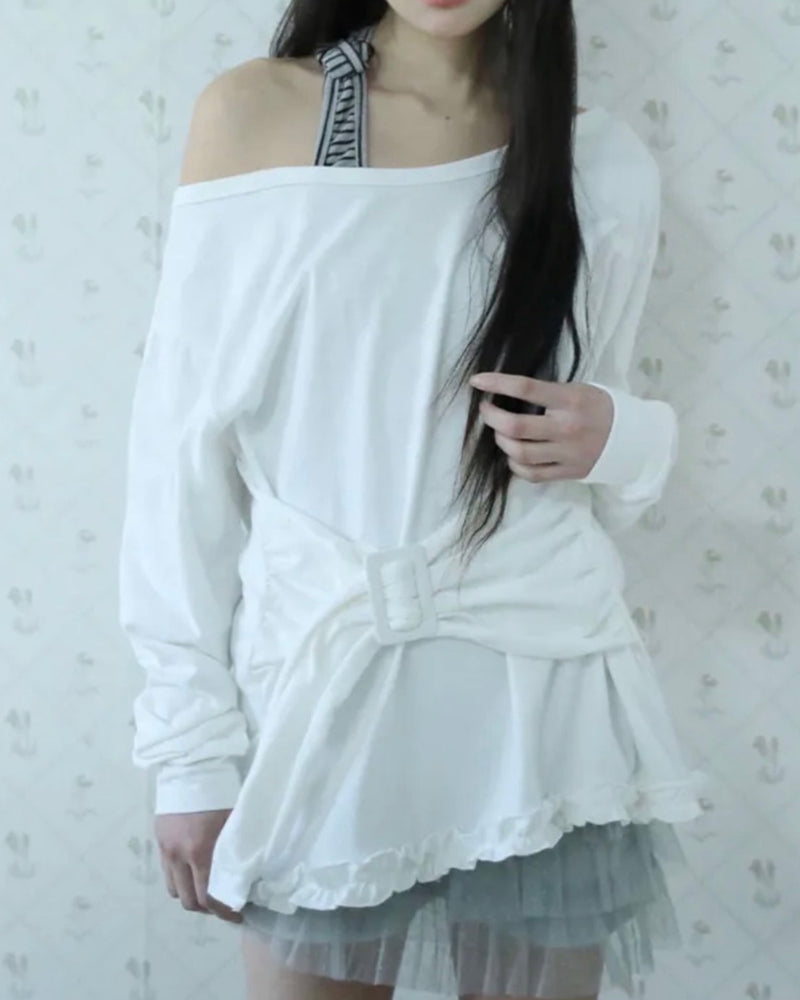 【Uglyshadow】BUCKLE OFF-SHOULDER T-SHIRT