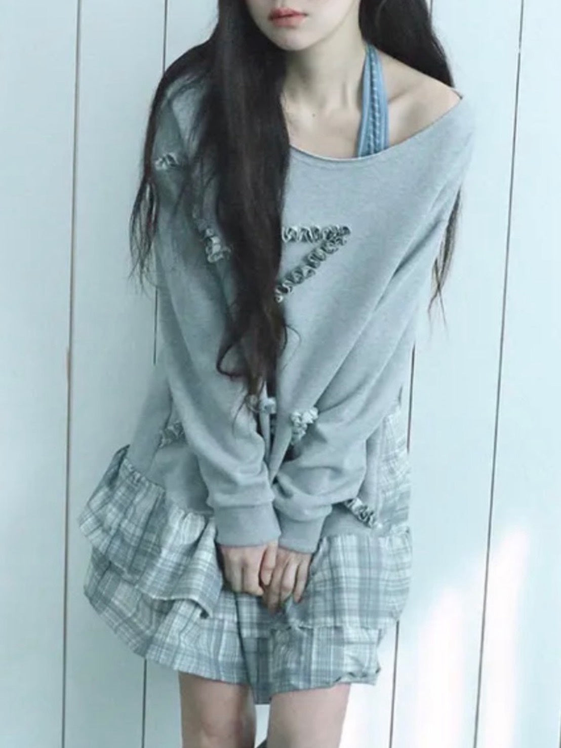【Uglyshadow】CHECKERED OFF-SHOULDER SWEATSHIRT DRESS