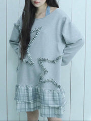 【Uglyshadow】CHECKERED OFF-SHOULDER SWEATSHIRT DRESS