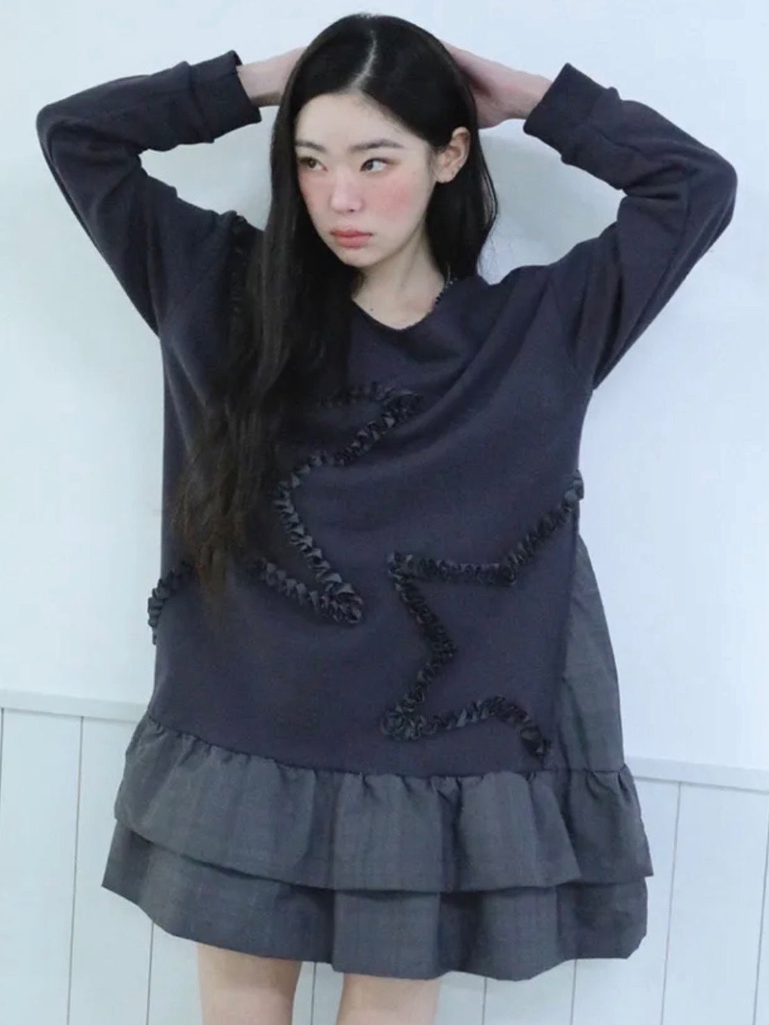 【Uglyshadow】CHECKERED OFF-SHOULDER SWEATSHIRT DRESS