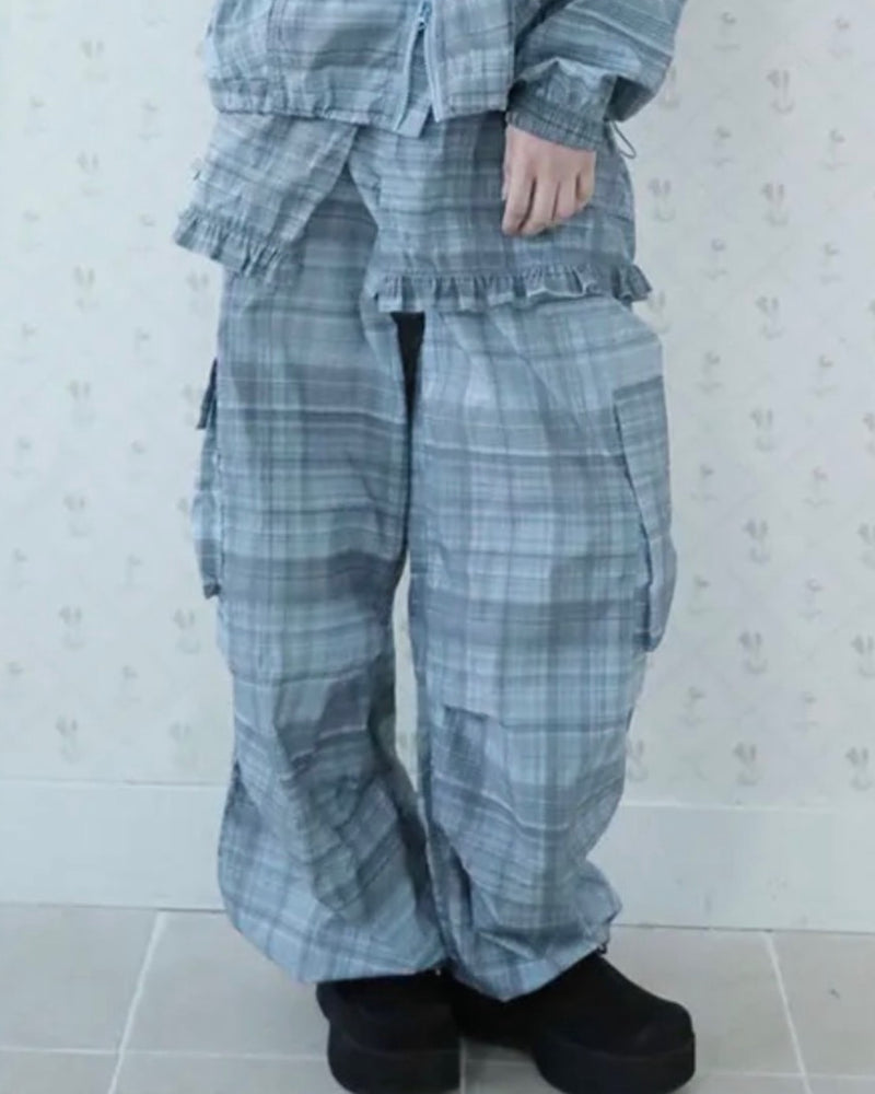 【Uglyshadow】RUFFLE CHECKERED SKIRT CARGO PANTS