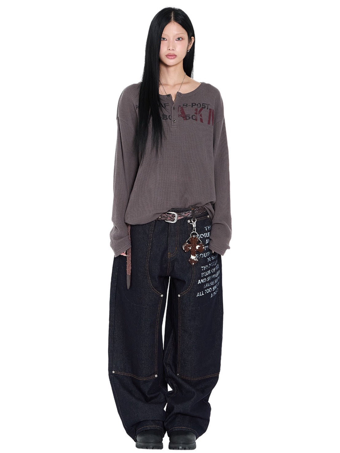 【AAKAM】Waffle Henley Neck Long Sleeve
