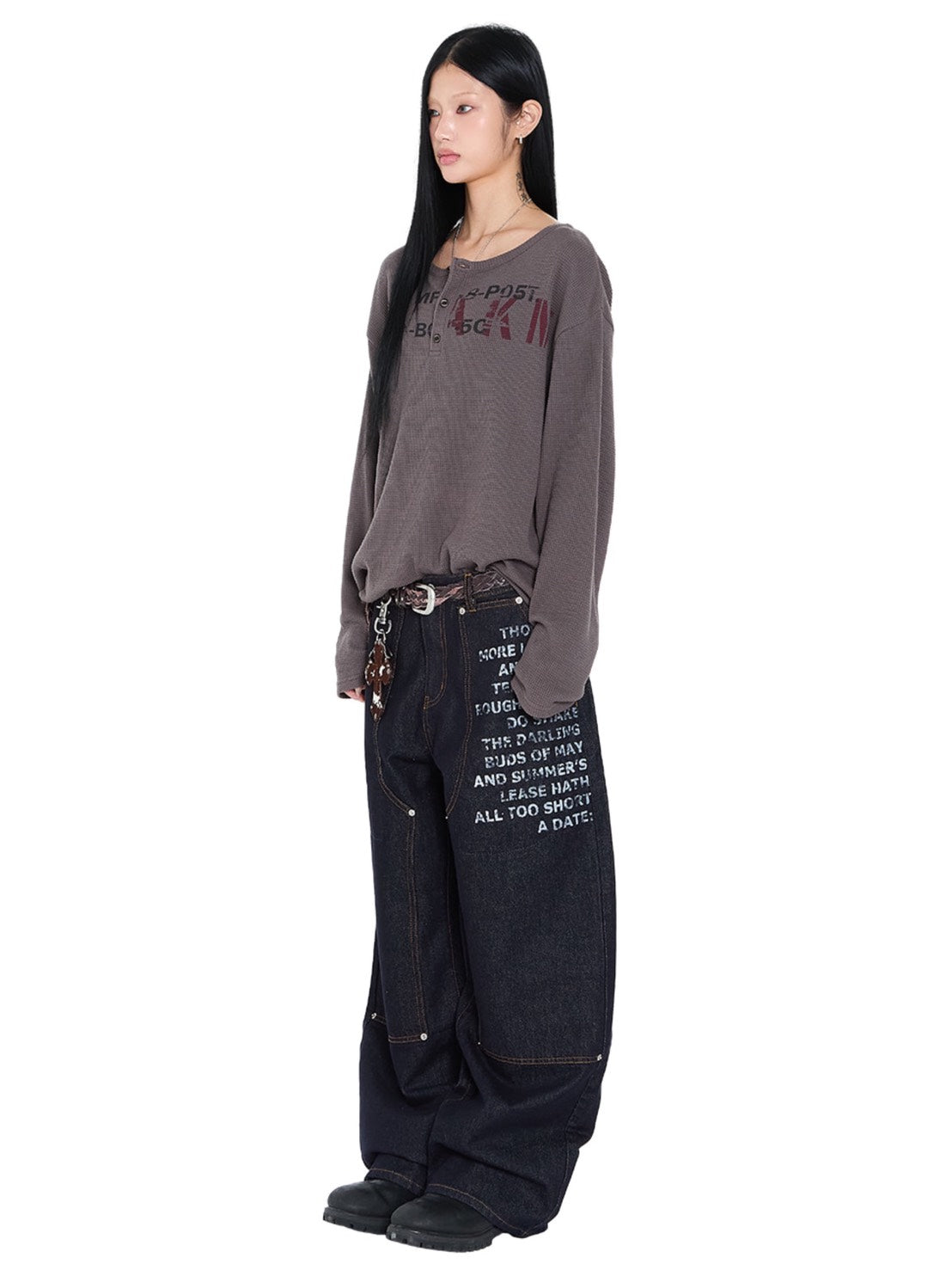 【AAKAM】Waffle Henley Neck Long Sleeve