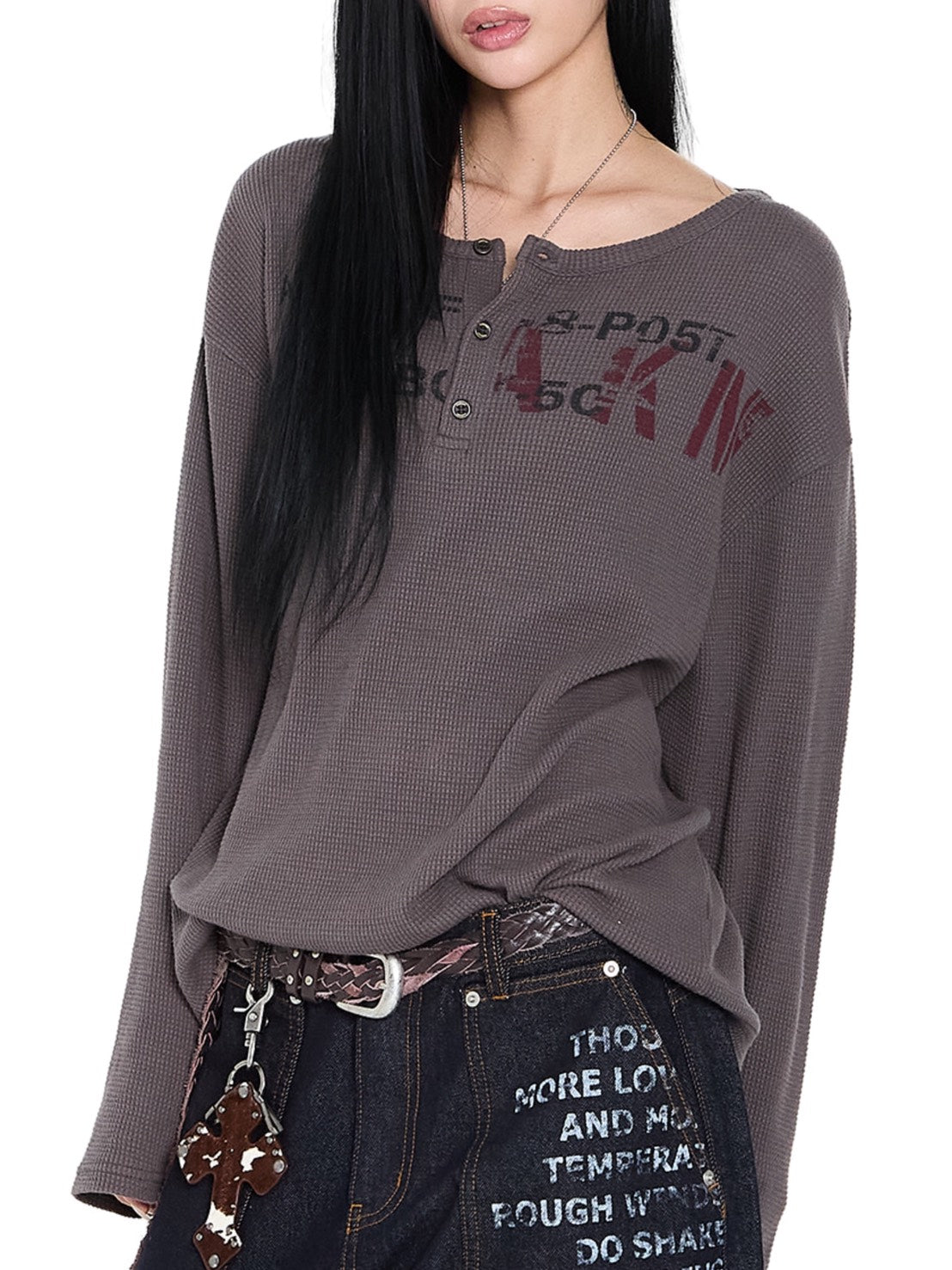 【AAKAM】Waffle Henley Neck Long Sleeve