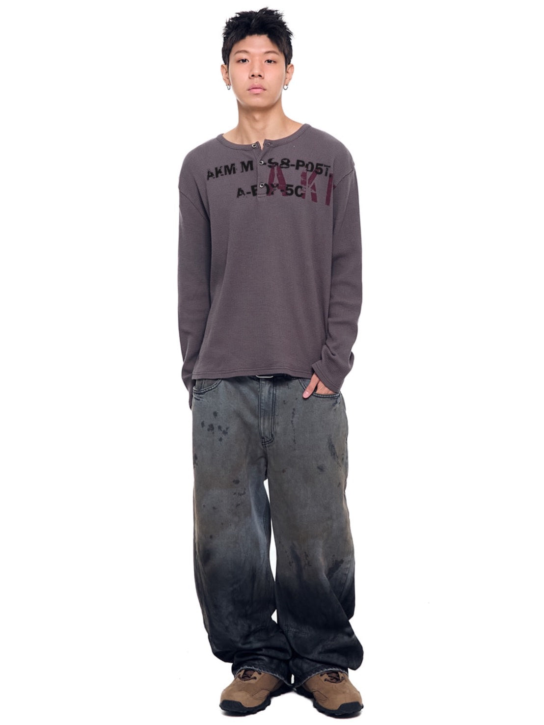 【AAKAM】Waffle Henley Neck Long Sleeve