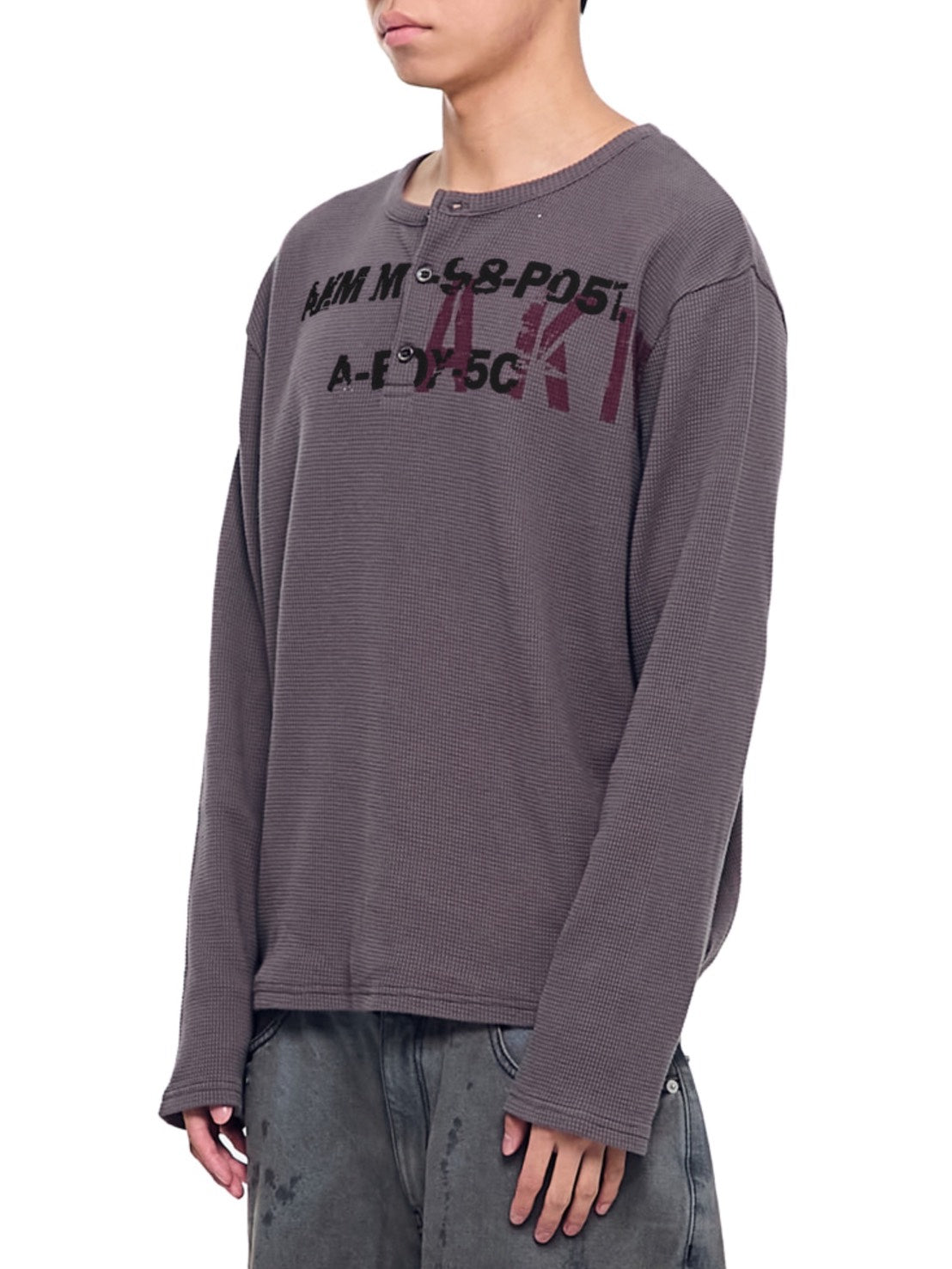 【AAKAM】Waffle Henley Neck Long Sleeve