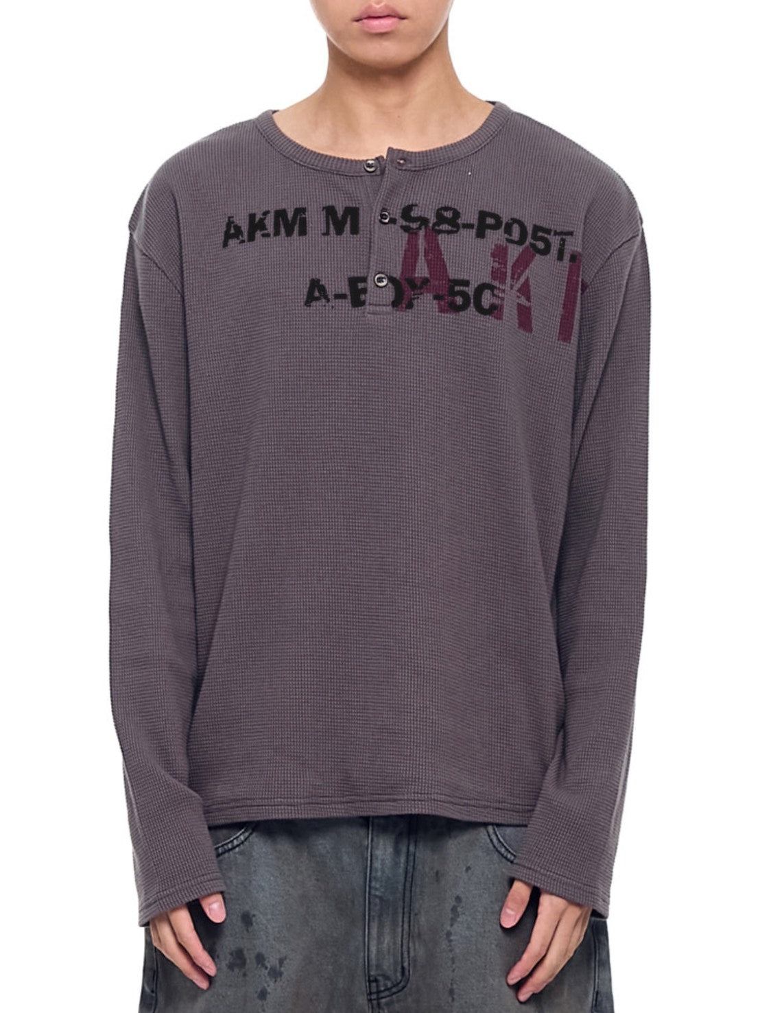 【AAKAM】Waffle Henley Neck Long Sleeve