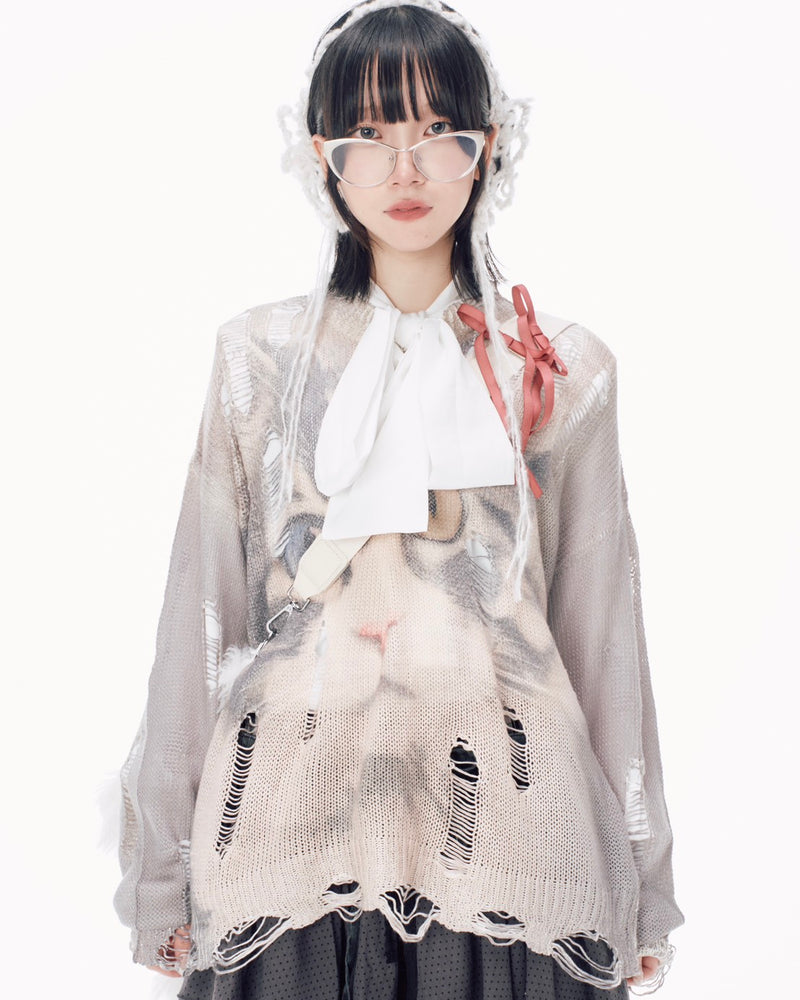 国際配送【Nerd out XU】odd eye cat damage knit