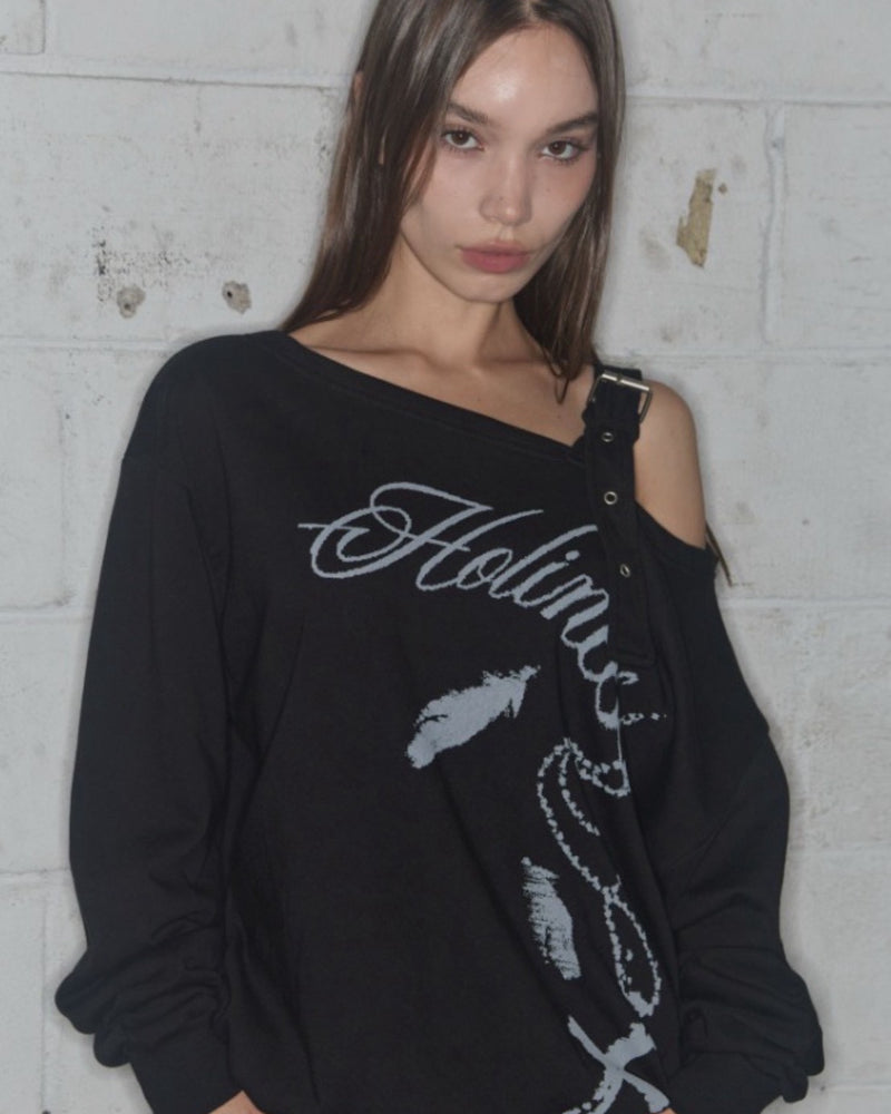 【FANCY CLUB】ONE-SHOULDER BUCKLE SWEATSHIRT