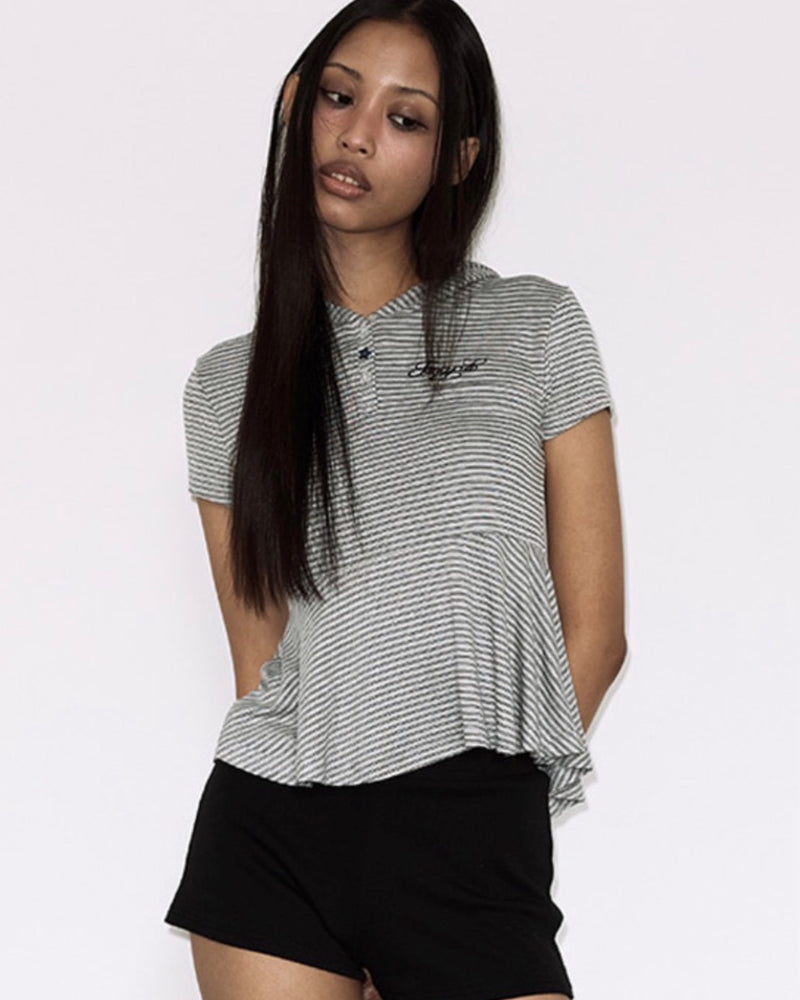 【FANCY CLUB】STRIPE HOOD FLARE TOP