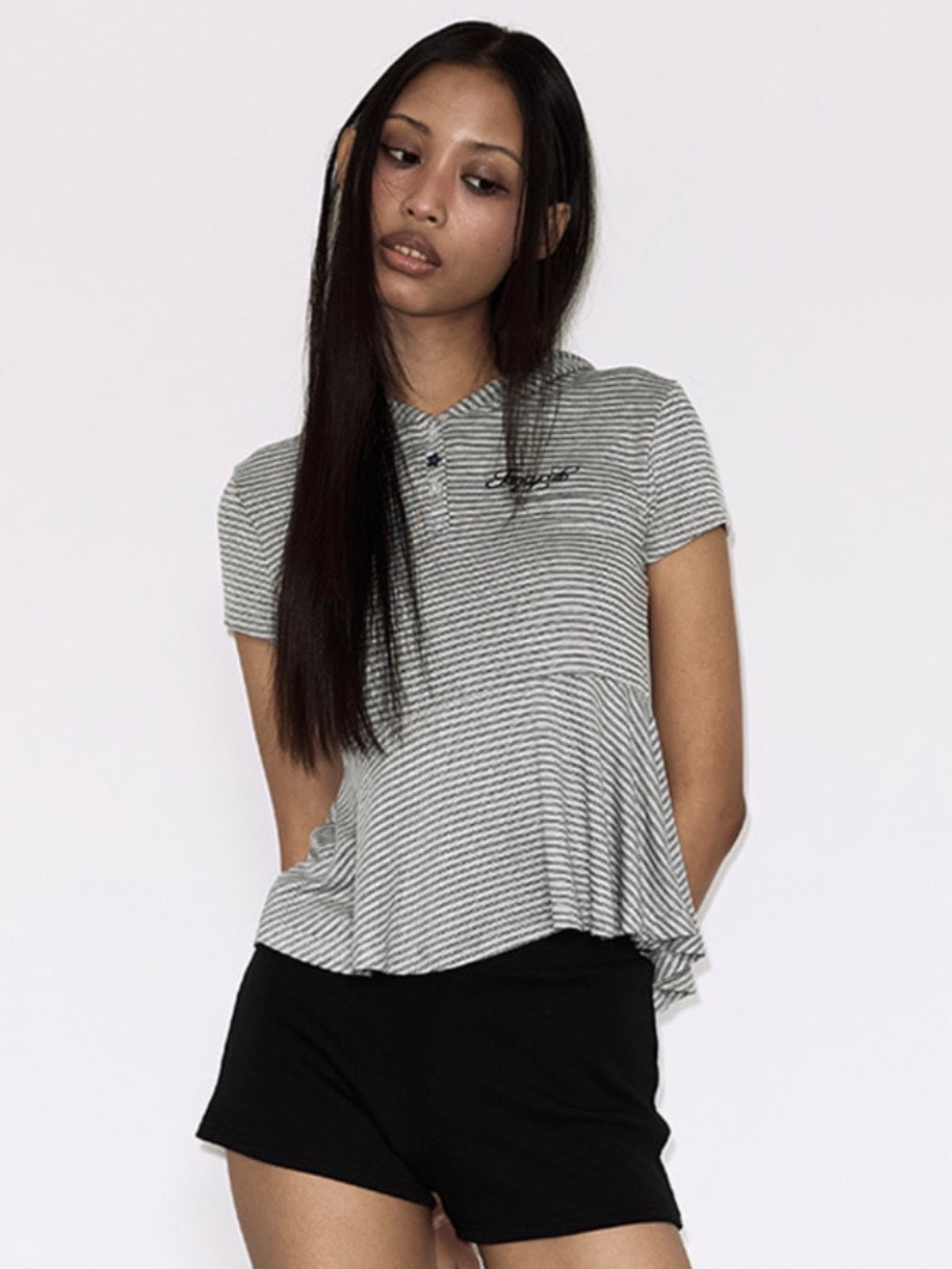 【FANCY CLUB】STRIPE HOOD FLARE TOP