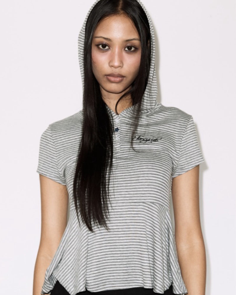 【FANCY CLUB】STRIPE HOOD FLARE TOP