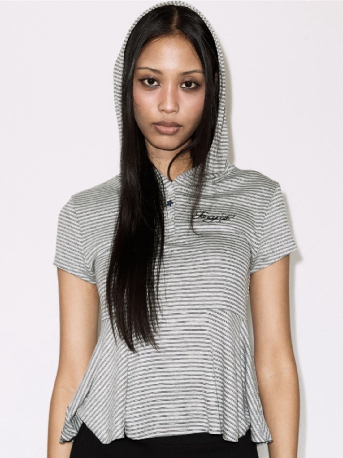 【FANCY CLUB】STRIPE HOOD FLARE TOP