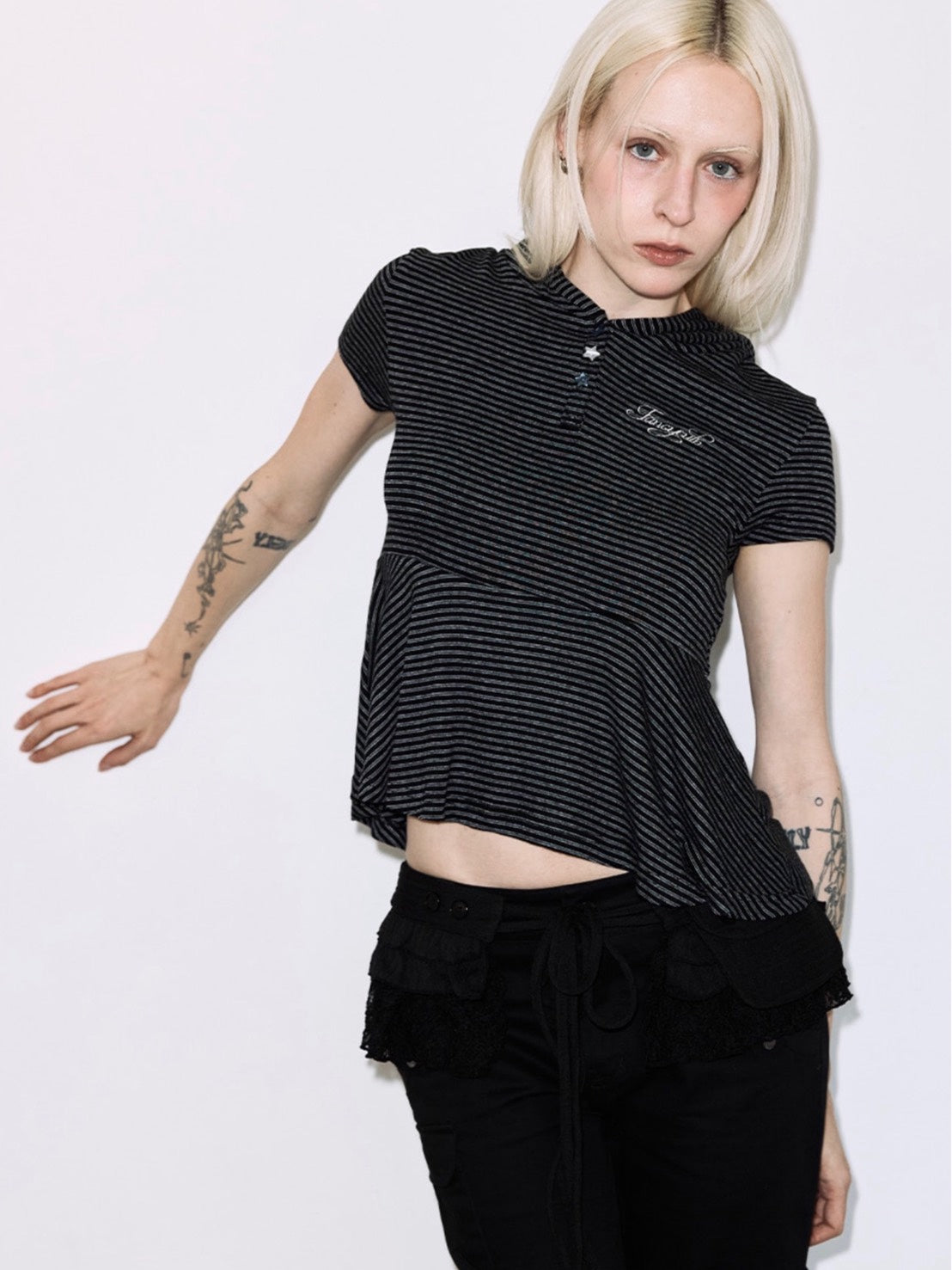 【FANCY CLUB】STRIPE HOOD FLARE TOP