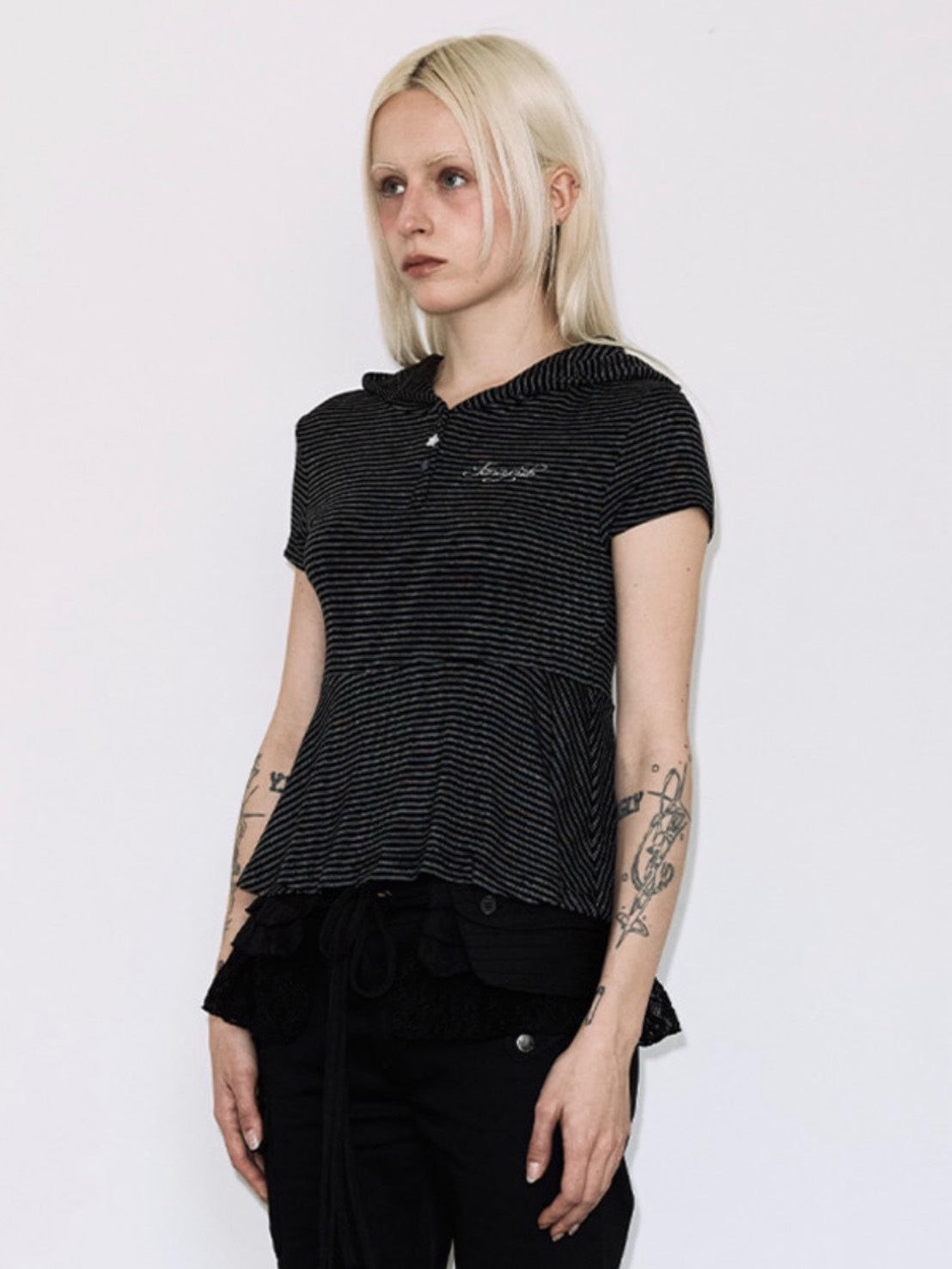 【FANCY CLUB】STRIPE HOOD FLARE TOP
