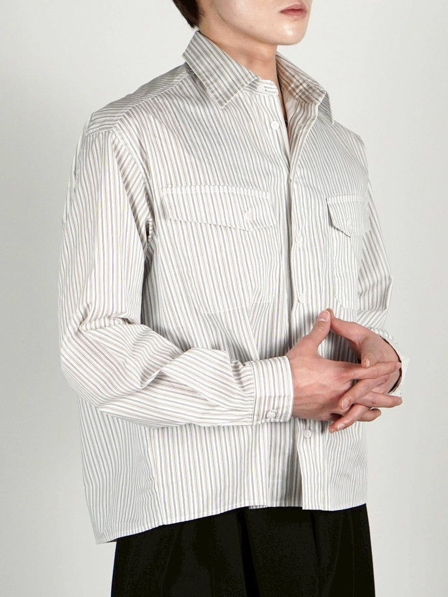 5/8 20:00 発売 【Chikashitsu +】cropped pocket stripe shirt (2color)
