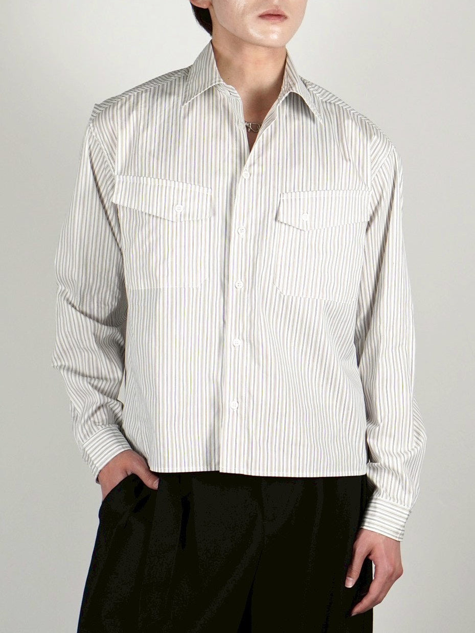 5/8 20:00 発売 【Chikashitsu +】cropped pocket stripe shirt (2color)