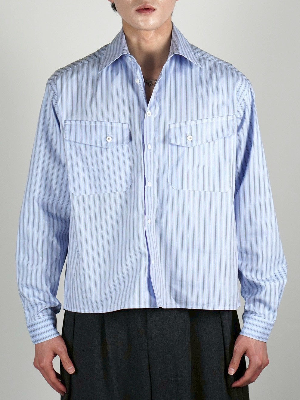 5/8 20:00 発売 【Chikashitsu +】cropped pocket stripe shirt (2color)