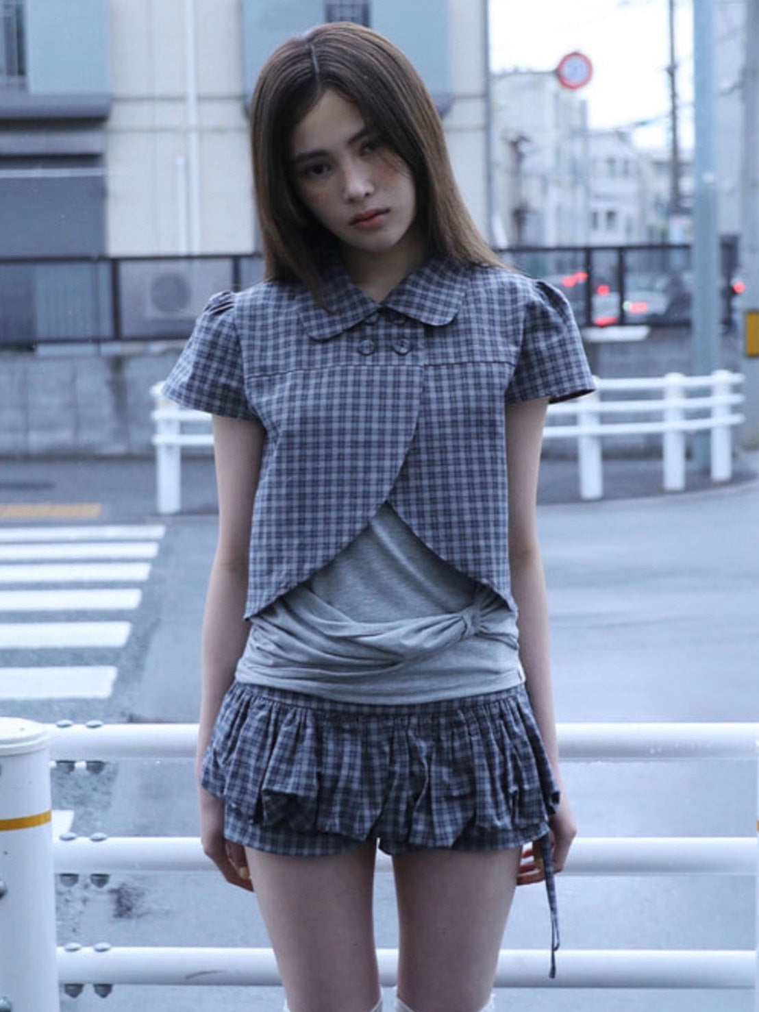【Uglyshadow】CHECKERED DOUBLE BLOUSE