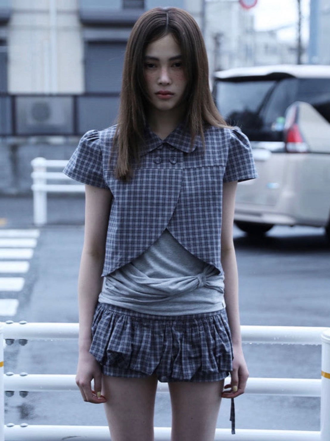 【Uglyshadow】CHECKERED DOUBLE BLOUSE