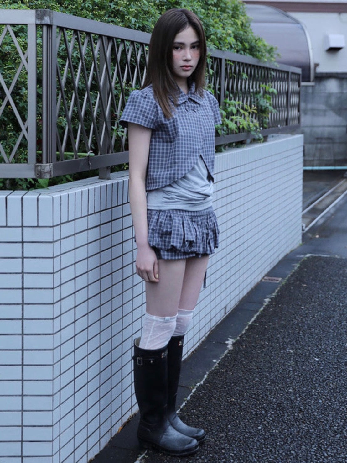 【Uglyshadow】CHECKERED DOUBLE BLOUSE