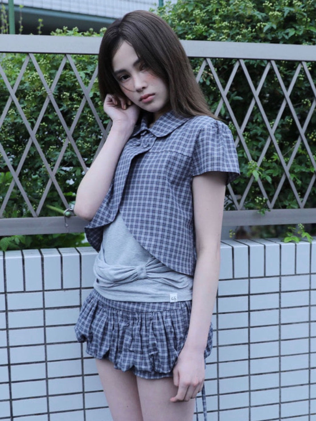 【Uglyshadow】CHECKERED DOUBLE BLOUSE