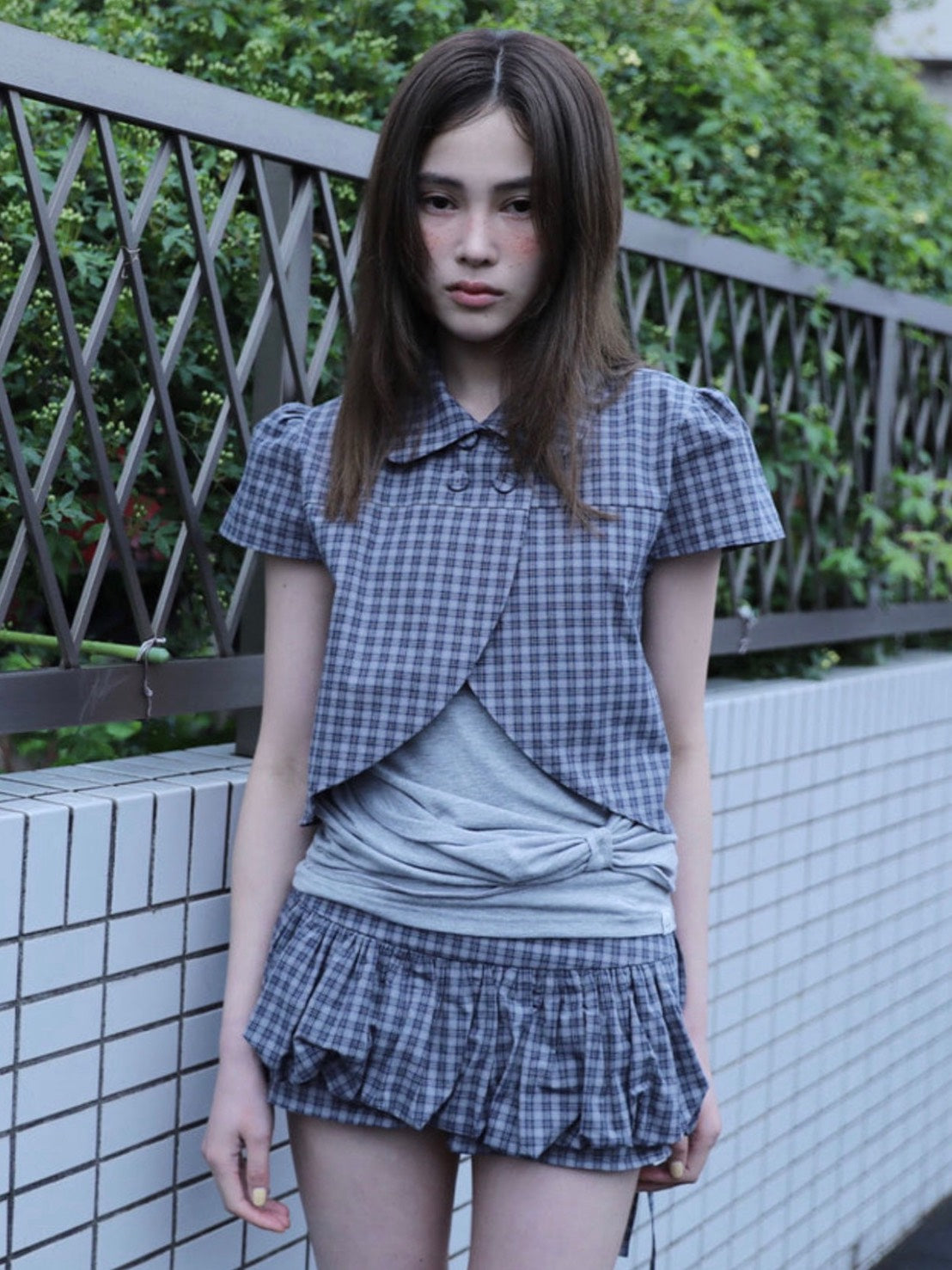 【Uglyshadow】CHECKERED DOUBLE BLOUSE