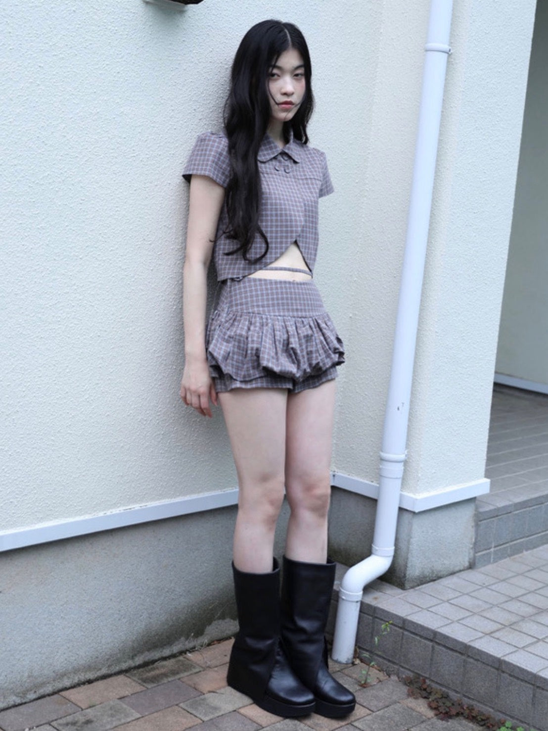 【Uglyshadow】CHECKERED DOUBLE BLOUSE